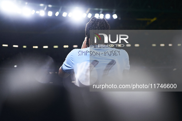 Jahmai Simpson-Pusey of Manchester City looks on during the UEFA Champions League match between Sporting CP and Manchester City at Jose Alva...