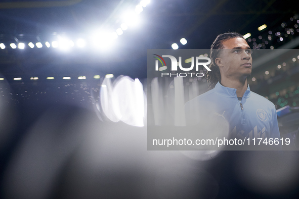 Nathan Ake of Manchester City looks on before the UEFA Champions League match between Sporting CP and Manchester City at Jose Alvalade Stadi...