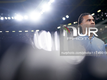 Nathan Ake of Manchester City looks on before the UEFA Champions League match between Sporting CP and Manchester City at Jose Alvalade Stadi...