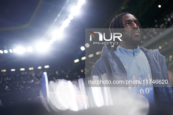 Josh Wilson-Esbrand of Manchester City looks on before the UEFA Champions League match between Sporting CP and Manchester City at Jose Alval...