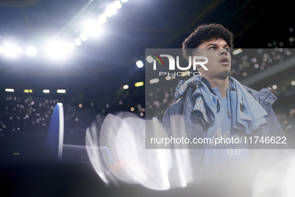 Nico O'Reilly of Manchester City looks on before the UEFA Champions League match between Sporting CP and Manchester City at Jose Alvalade St...