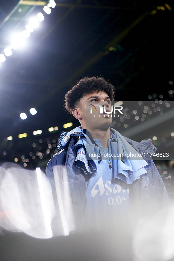 Nico O'Reilly of Manchester City looks on before the UEFA Champions League match between Sporting CP and Manchester City at Jose Alvalade St...