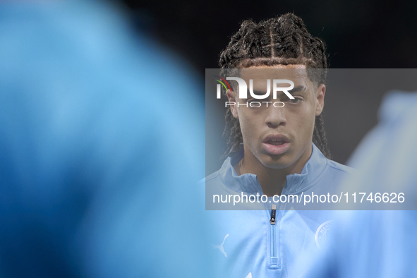 Jahmai Simpson-Pusey of Manchester City looks on during the warm-up before the UEFA Champions League match between Sporting CP and Mancheste...