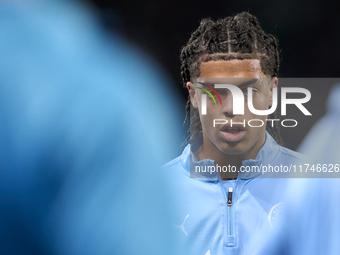 Jahmai Simpson-Pusey of Manchester City looks on during the warm-up before the UEFA Champions League match between Sporting CP and Mancheste...