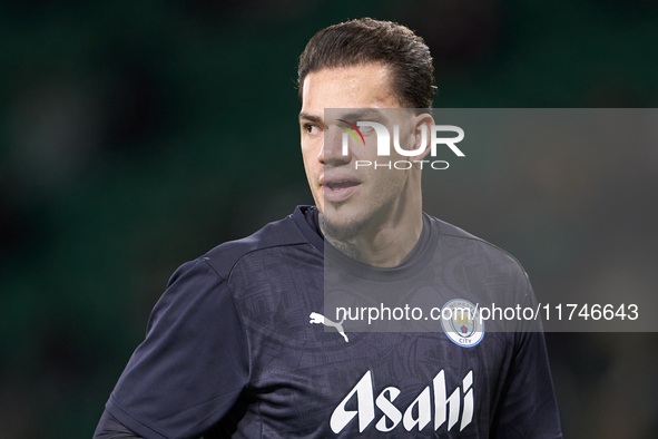 Ederson of Manchester City warms up before the UEFA Champions League match between Sporting CP and Manchester City at Jose Alvalade Stadium...