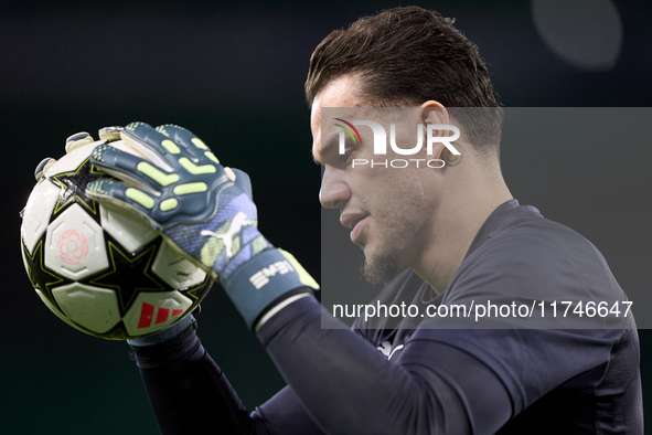 Ederson of Manchester City warms up before the UEFA Champions League match between Sporting CP and Manchester City at Jose Alvalade Stadium...