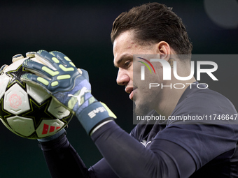 Ederson of Manchester City warms up before the UEFA Champions League match between Sporting CP and Manchester City at Jose Alvalade Stadium...