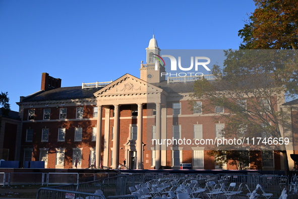 Debris and American flags are on the ground at an empty Howard University at the site of the Harris-Walz Election Night Headquarters followi...