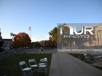 Debris and American flags are on the ground at an empty Howard University at the site of the Harris-Walz Election Night Headquarters followi...