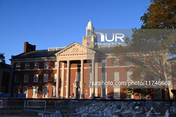 Debris and American flags are on the ground at an empty Howard University at the site of the Harris-Walz Election Night Headquarters followi...