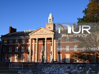 Debris and American flags are on the ground at an empty Howard University at the site of the Harris-Walz Election Night Headquarters followi...