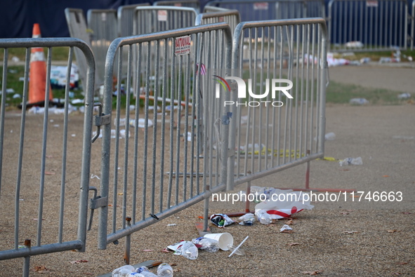 Debris and American flags are on the ground at an empty Howard University at the site of the Harris-Walz Election Night Headquarters followi...