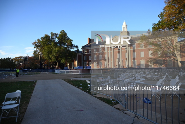 Debris and American flags are on the ground at an empty Howard University at the site of the Harris-Walz Election Night Headquarters followi...