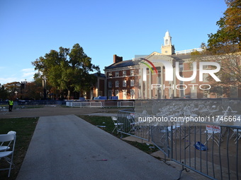 Debris and American flags are on the ground at an empty Howard University at the site of the Harris-Walz Election Night Headquarters followi...