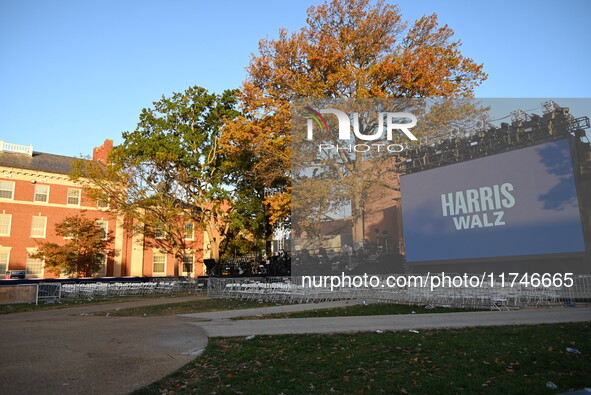 Debris and American flags are on the ground at an empty Howard University at the site of the Harris-Walz Election Night Headquarters followi...