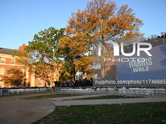 Debris and American flags are on the ground at an empty Howard University at the site of the Harris-Walz Election Night Headquarters followi...