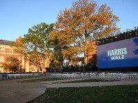 Debris and American flags are on the ground at an empty Howard University at the site of the Harris-Walz Election Night Headquarters followi...