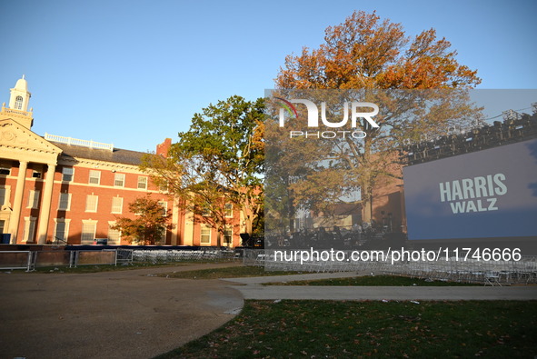 Debris and American flags are on the ground at an empty Howard University at the site of the Harris-Walz Election Night Headquarters followi...