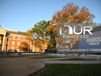 Debris and American flags are on the ground at an empty Howard University at the site of the Harris-Walz Election Night Headquarters followi...