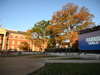 Debris and American flags are on the ground at an empty Howard University at the site of the Harris-Walz Election Night Headquarters followi...