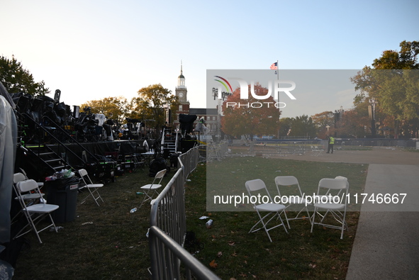 Debris and American flags are on the ground at an empty Howard University at the site of the Harris-Walz Election Night Headquarters followi...