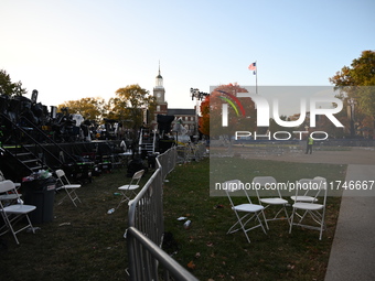 Debris and American flags are on the ground at an empty Howard University at the site of the Harris-Walz Election Night Headquarters followi...