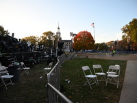 Debris and American flags are on the ground at an empty Howard University at the site of the Harris-Walz Election Night Headquarters followi...