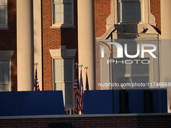 Debris and American flags are on the ground at an empty Howard University at the site of the Harris-Walz Election Night Headquarters followi...