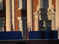 Debris and American flags are on the ground at an empty Howard University at the site of the Harris-Walz Election Night Headquarters followi...