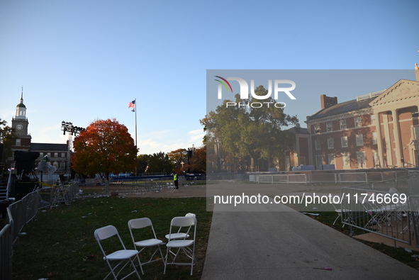 Debris and American flags are on the ground at an empty Howard University at the site of the Harris-Walz Election Night Headquarters followi...