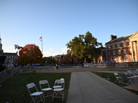 Debris and American flags are on the ground at an empty Howard University at the site of the Harris-Walz Election Night Headquarters followi...