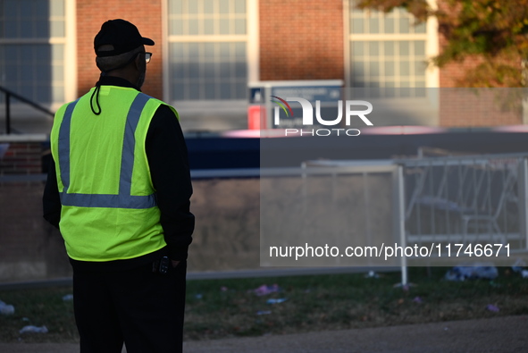 Debris and American flags are on the ground at an empty Howard University at the site of the Harris-Walz Election Night Headquarters followi...