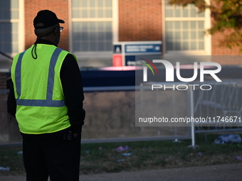 Debris and American flags are on the ground at an empty Howard University at the site of the Harris-Walz Election Night Headquarters followi...