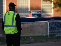 Debris and American flags are on the ground at an empty Howard University at the site of the Harris-Walz Election Night Headquarters followi...