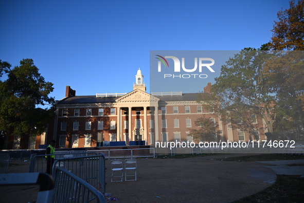 Debris and American flags are on the ground at an empty Howard University at the site of the Harris-Walz Election Night Headquarters followi...