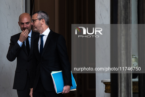 Alexis Kohler, Secretary General for the Presidency of the Republic, and Jean-Noel Barrot, Minister of Foreign Affairs, are at the Elysee fo...