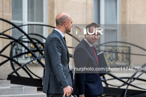 Sebastien Lecornu, Minister of the Armed Forces, and Jean-Noel Barrot, Minister of Foreign Affairs, are at the Elysee for the Council of Min...