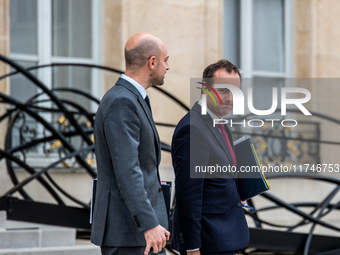 Sebastien Lecornu, Minister of the Armed Forces, and Jean-Noel Barrot, Minister of Foreign Affairs, are at the Elysee for the Council of Min...