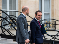 Sebastien Lecornu, Minister of the Armed Forces, and Jean-Noel Barrot, Minister of Foreign Affairs, are at the Elysee for the Council of Min...