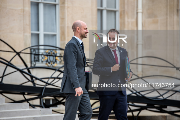 Sebastien Lecornu, Minister of the Armed Forces, and Jean-Noel Barrot, Minister of Foreign Affairs, are at the Elysee for the Council of Min...