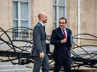 Sebastien Lecornu, Minister of the Armed Forces, and Jean-Noel Barrot, Minister of Foreign Affairs, are at the Elysee for the Council of Min...