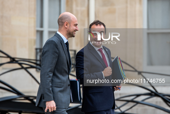 Sebastien Lecornu, Minister of the Armed Forces, and Jean-Noel Barrot, Minister of Foreign Affairs, are at the Elysee for the Council of Min...