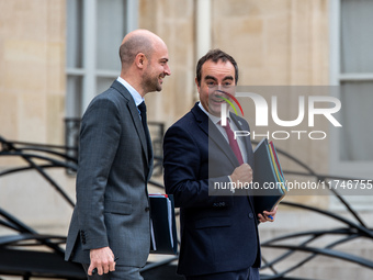 Sebastien Lecornu, Minister of the Armed Forces, and Jean-Noel Barrot, Minister of Foreign Affairs, are at the Elysee for the Council of Min...