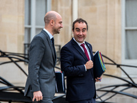 Sebastien Lecornu, Minister of the Armed Forces, and Jean-Noel Barrot, Minister of Foreign Affairs, are at the Elysee for the Council of Min...