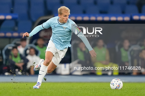 Gustav Isaksen of SS Lazio during the Serie A Enilive match between SS Lazio and Cagliari Calcio at Stadio Olimpico on November 4, 2024 in R...