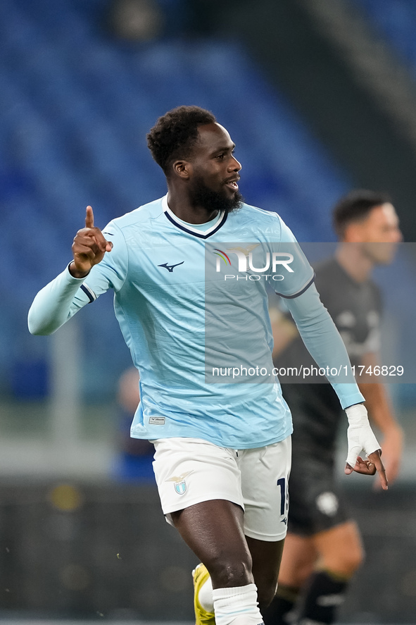 Boulaye Dia of SS Lazio celebrates after scoring first goal during the Serie A Enilive match between SS Lazio and Cagliari Calcio at Stadio...