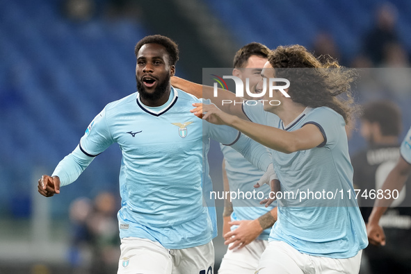 Boulaye Dia of SS Lazio celebrates after scoring first goal during the Serie A Enilive match between SS Lazio and Cagliari Calcio at Stadio...