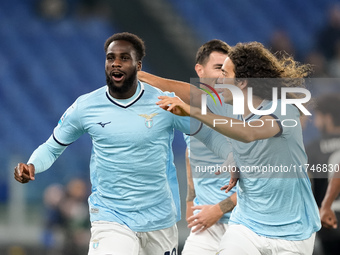 Boulaye Dia of SS Lazio celebrates after scoring first goal during the Serie A Enilive match between SS Lazio and Cagliari Calcio at Stadio...