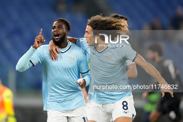 Boulaye Dia of SS Lazio celebrates after scoring first goal during the Serie A Enilive match between SS Lazio and Cagliari Calcio at Stadio...