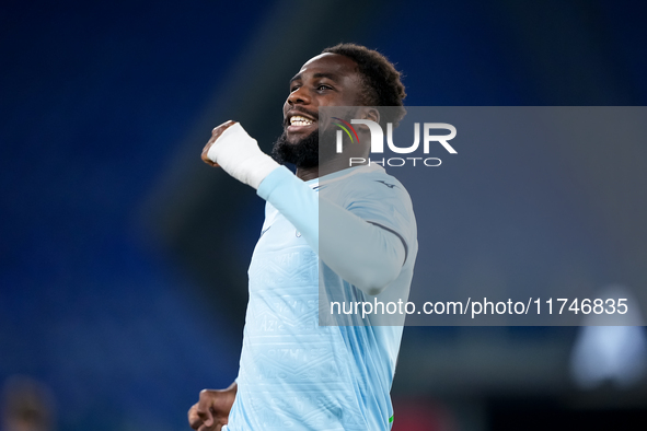 Boulaye Dia of SS Lazio celebrates after scoring first goal during the Serie A Enilive match between SS Lazio and Cagliari Calcio at Stadio...